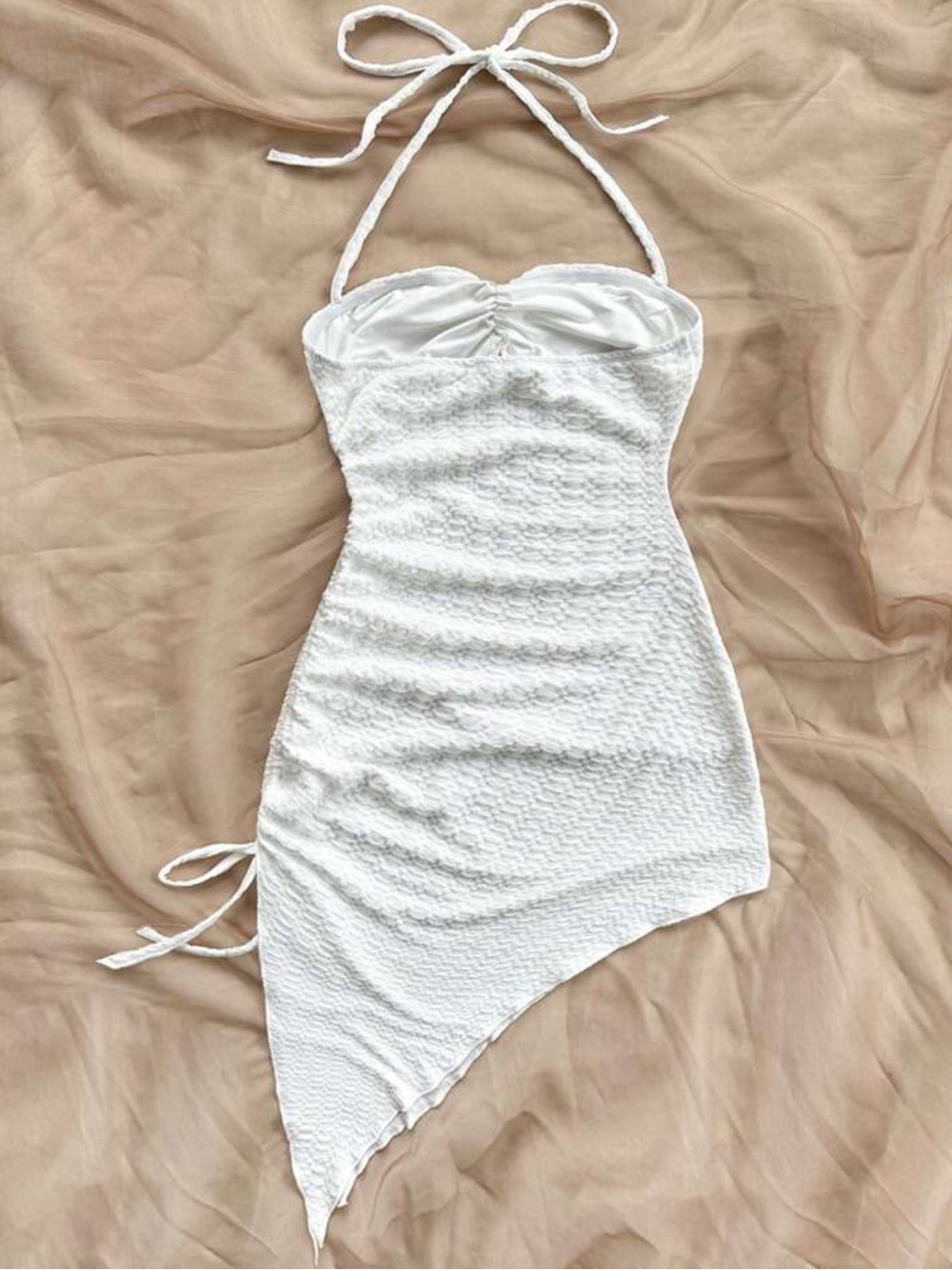 White Halter Neck Textured Asymmetrical Mini Dress Drawstring Ruched - Picture 2 of 5